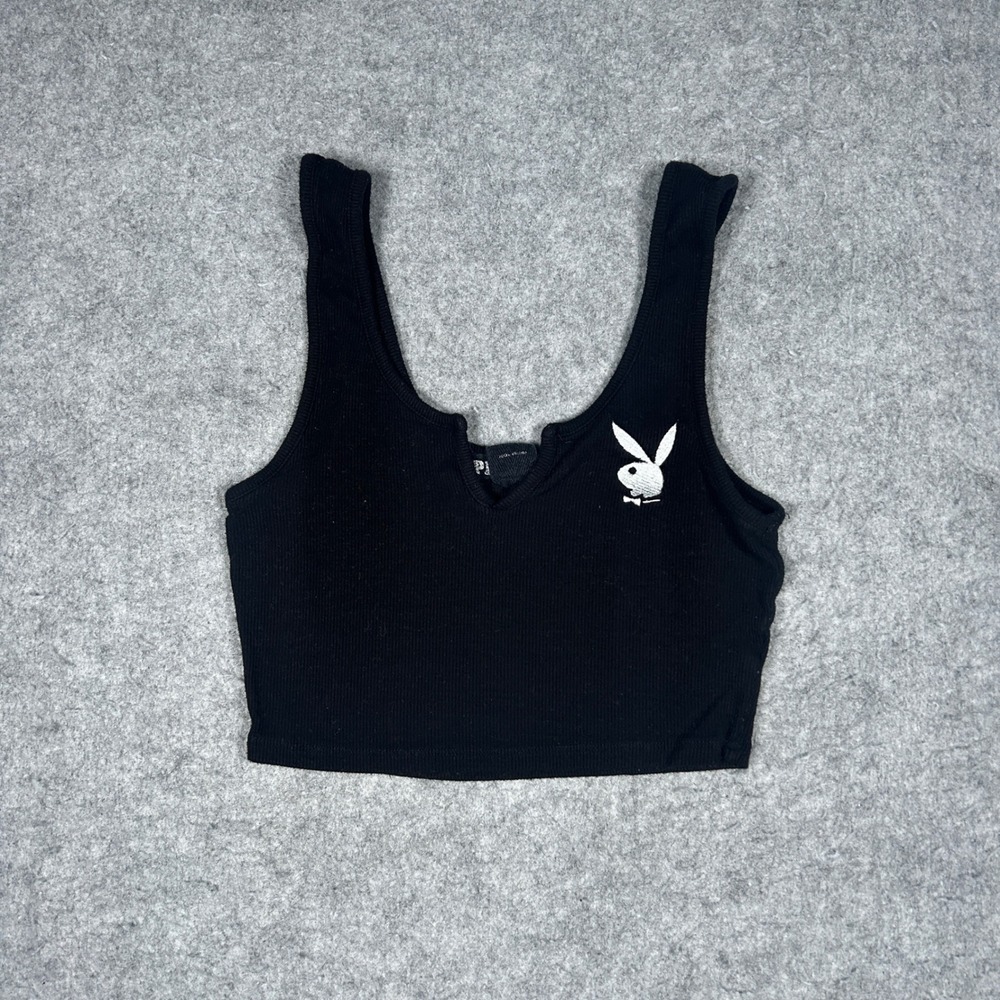 Playboy Tank Top Womens Small Black Ribbed Notch Neck Embroidered Bunny Logo